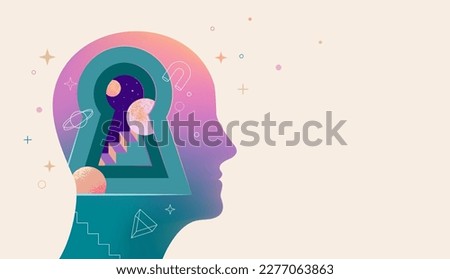 Keyhole to inside of person's mind. Brain, neuroscience and creative mind poster, cover. Dream, imagination and psychological concept. Royalty-Free Stock Photo #2277063863