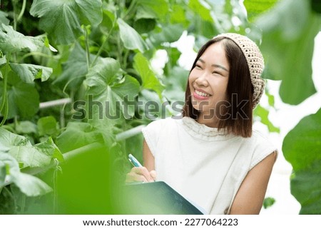 happy asian student woman farmer study use smart technology computer and data in sweet melon, cantaloupe and water melon organic fresh fruit in farm agriculture business