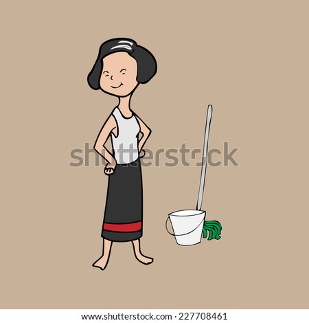 Housekeeper Asian young girl cartoon vector