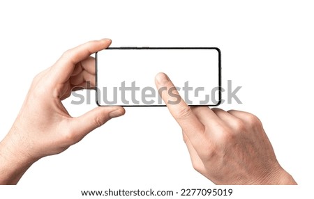 Mobile phone mockup, Hands holding smartphone, pointing with finger, clicking play on empty cellphone screen mock-up frame isolated on white background. Royalty-Free Stock Photo #2277095019