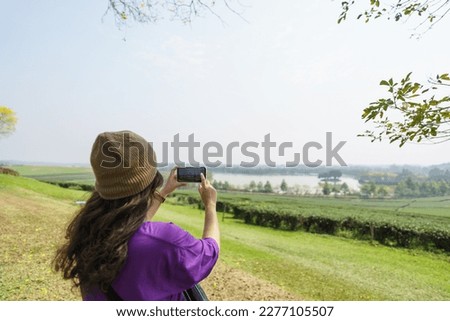 Woman hand using phone taking photo beauty nature forest