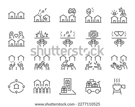 neighbor icon set. It included icons such as neighborhood watch, Block party, emergency, neighbor fighting, and more. Royalty-Free Stock Photo #2277110525