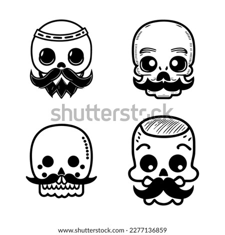 A collection set of cute Hand drawn skulls with mustaches, perfect for adding a playful touch to any design or project.