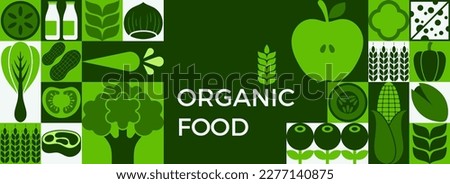 Flat-styled organic food sign. Simple shapes and figures characterize the minimalist geometry of fruits and grains. Excellent for flyer, web posters, cover designs, and presentations for natural goods Royalty-Free Stock Photo #2277140875