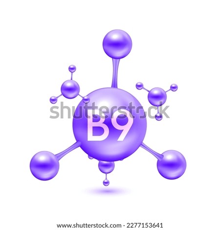 Vitamin B9 in the form of atoms molecules purple glossy. Icon 3D isolated on white background. Minerals vitamins complex. Medical and science concept. Vector EPS10 illustration. Royalty-Free Stock Photo #2277153641