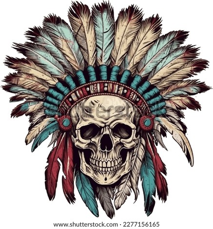 Hand Drawn Native American Indian Headdress With Human Skull, Vector Color Illustration Of Indian Tribal Chief Feather Hat And Skull, war bonnet, watercolor, boho