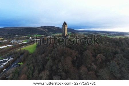 Wallace Monument in Stirling, Scotland. Drone shot. Royalty-Free Stock Photo #2277163781