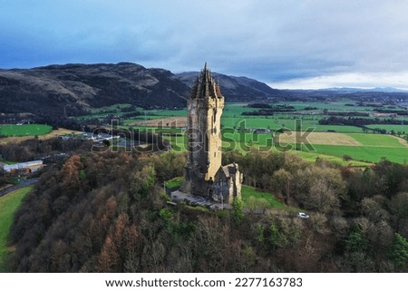 Wallace Monument in Stirling, Scotland. Drone shot. Royalty-Free Stock Photo #2277163783