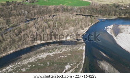 water emergency and drought  due to lack of rain due to global warming and the decrease of glaciers - Drone aerial view of dry river with scarcity of water in Lombardy Pavia - Ticino di Besate 