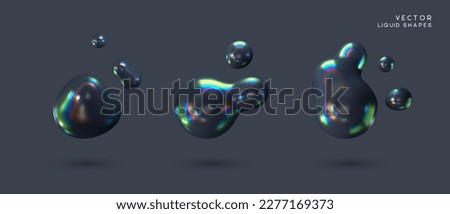 Set of liquid 3d holographic abstract shapes. Dark fluid bubbles iridescent effect. 3d vector illustration. Royalty-Free Stock Photo #2277169373