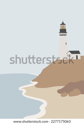 coastal landscape wall art prints, minimal beach poster clipart, beach background, printable vector lighthouse illustration, digital download print, sea wave images in flat style.
