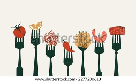 Forks with various food. Tomatoes with lemon and shrimp with pepper and salmon. Horizontal food design template.