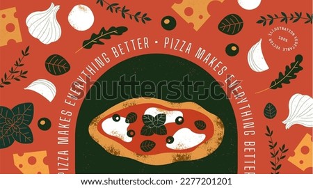 Italian pizza cooked in a wood-fired oven. Horizontal design template. Textured vector illustration