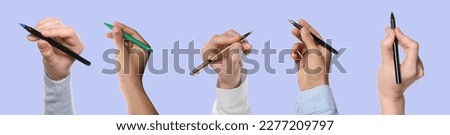 Men and women holding pens on pale violet background, closeup. Collage design