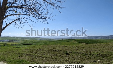 City of Tangier, Morocco, Mars 2023 : Panorama on the beautiful Morocco countryside. sunny afternoon. beautiful spring landscape in the mountains. grassy land and rolling hills. Rural landscape