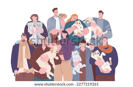 People with pets portrait. Woman man holding dogs, cats, birds. Cartoon human and animals, flat casual stylish vector characters
