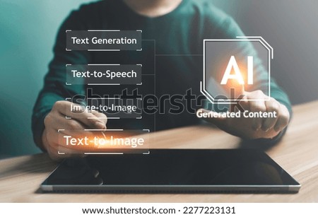 Artist Man using hand AI, Artificial Intelligence to generate content. Text to image, speech, smart AI, by enter command prompt for generates something, Futuristic technology Business transformation. Royalty-Free Stock Photo #2277223131