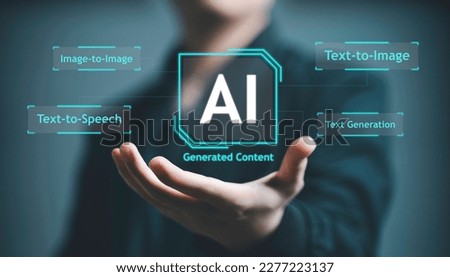 Business Man using hand AI, Artificial Intelligence to generate content. Text to image, speech, smart AI, by enter command prompt for generates something, Futuristic technology transformation.