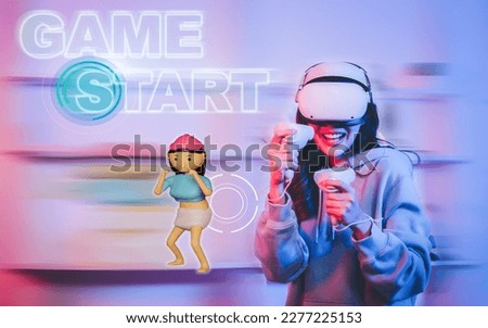 Adult female online game streamer in social media, laughing, wearing VR virtual reality glass, playing boxing with 3d cartoon, staying at home with mixed color of neon light. AI Technology Concept