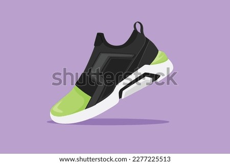 Cartoon flat style drawing running colorful shoes. Bright sport sneakers symbol. Fitness shoes for training. Sports shoes logo. Fashionable, casual for man or woman. Graphic design vector illustration
