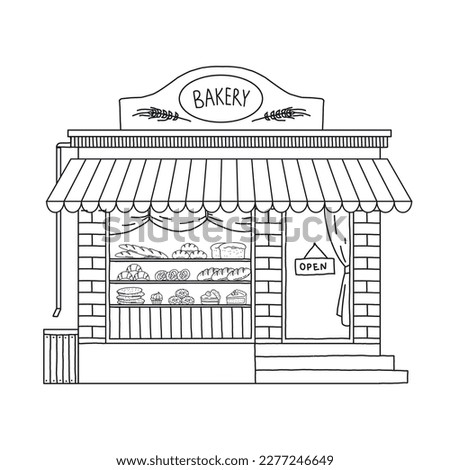 Pastry store shop exterior, desserts and bread, confectionery cafe building. Graphic for marketing or retail, front view of supermarket with window. Line drawing. Vector black and white sketch Royalty-Free Stock Photo #2277246649