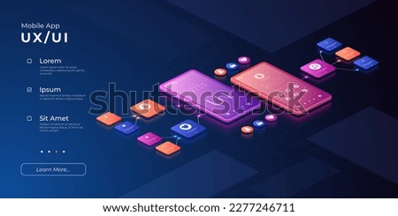 UI UX design. Mobile prototype. 3D user experience interface. Digital technology. Smartphone application management. Electronic devices. Phone app control. Vector web banner template Royalty-Free Stock Photo #2277246711