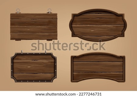 3D wooden sign boards. Wood texture. Natural timber. Old bar or saloon vintage table. Rustic aged frame. Empty billboards. Fence signage. Rustic plank. Vector realistic signboards set Royalty-Free Stock Photo #2277246731