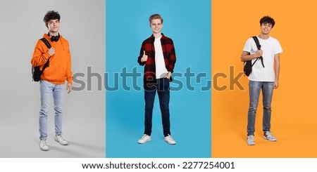 Photos of teenagers on different color backgrounds, collage Royalty-Free Stock Photo #2277254001