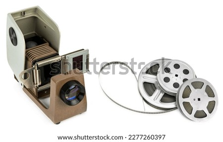 Slide projector and Film reel isolated on white background. Free space for text. Collage.