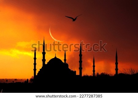 Mosque sunset sky, moon, holy night, islamic night and silhouette mosque, islamic wallpaper Royalty-Free Stock Photo #2277287385