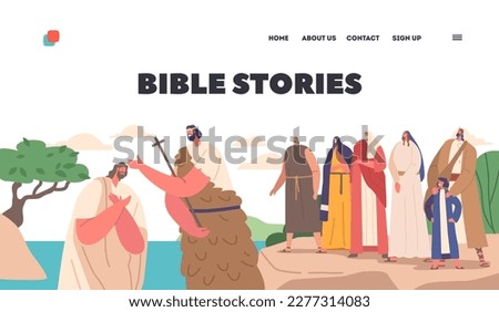Bible Stories Landing Page Template. John The Baptist Baptizing Jesus In Jordan River Biblical Scene Vector Illustration