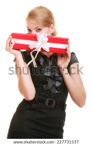 Holidays love and happiness concept - beautiful blonde girl with red gift box isolated