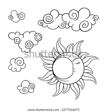 Tarot sun and moon esoteric set. Wicca tarot elements with crescent moon. Vector illustration isolated in white background