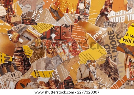 Newspaper Magazine Collage Background Texture Torn Clippings Scrap Paper Orange Yellow