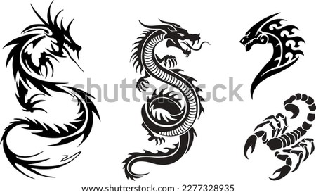 Dragon vector designs  in different styles scorpion and dragon head, realistic and abstract dragon vector line design easy to use vector change size and use the design of choice Royalty-Free Stock Photo #2277328935