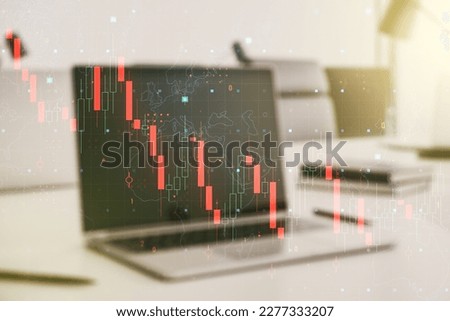 Creative concept of crisis chart illustration on modern laptop background. Global crisis and bankruptcy concept. Multiexposure