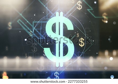 Double exposure of virtual USD symbols hologram on modern business center exterior background. Banking and investing concept