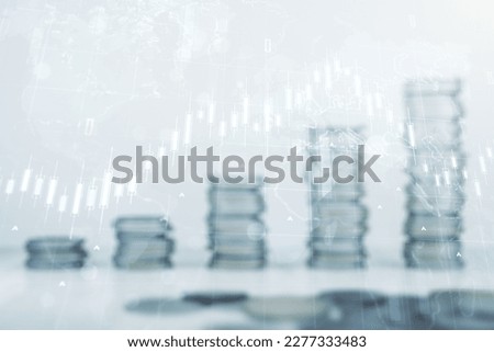 Double exposure of abstract creative financial chart hologram and world map on growing stacks of coins background, research and strategy concept