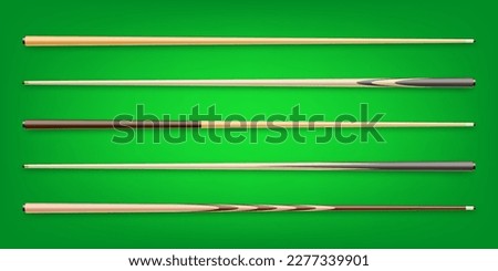 Various wooden billiard cues on green background. Snooker sports equipment. Vintage pool cue. Active recreation and entertainment. Vector illustration