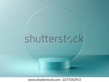 3D realistic luxury style blue turquoise cylinder podium stand with circle transparent glass backdrop product display minimal wall scene on blue background. You can use for cosmetic mockup Royalty-Free Stock Photo #2277342913
