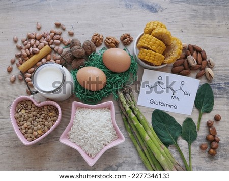 Foods rich in glutamine with structural chemical formula of glutamine. Glutamine is an amino acid with many function in the body. Natural source of glutamine. Healthy foods for training and exercise. Royalty-Free Stock Photo #2277346133