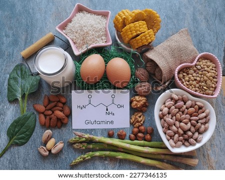 Foods rich in glutamine with structural chemical formula of glutamine. Glutamine is an amino acid with many function in the body. Natural source of glutamine. Healthy foods for training and exercise. Royalty-Free Stock Photo #2277346135