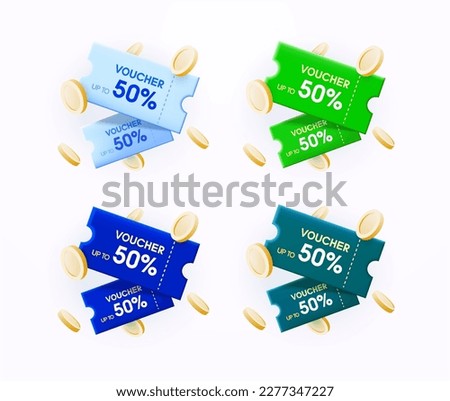 Voucher card cash back template design with coupon code promotion. Premium special price offers sale coupon. Vector gift voucher, gold coin. 3d coupons and vouchers, exchange set. Royalty-Free Stock Photo #2277347227