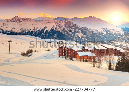 Majestic winter sunrise landscape and ski resort in French Alps,La Toussuire,France,Europe Royalty-Free Stock Photo #227734777