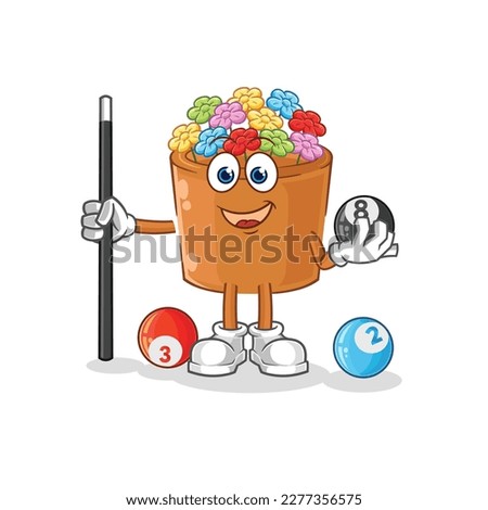 the flowers in pot plays billiard character. cartoon mascot vector