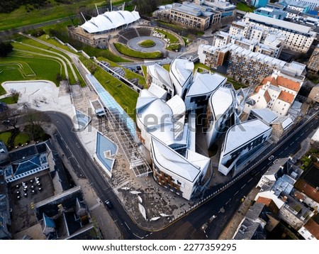 Aerial view of Scottish Parliament in Edinburgh, located on the Royal Mile in the Canongate, Scotland Royalty-Free Stock Photo #2277359295