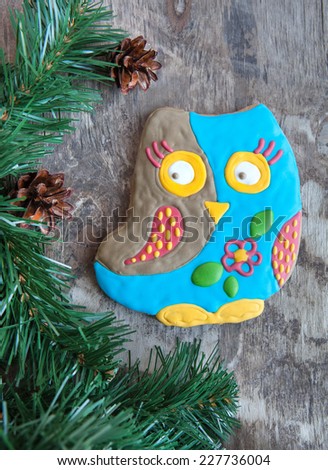 Christmas homemade gingerbread cookie in the form of an owl on a wooden background, selective focus, space for text