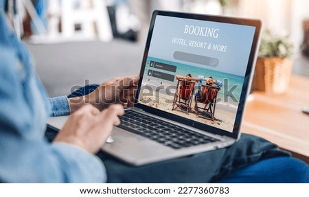Portrait of woman use technology of laptop computer for hotel and resort booking online summer holiday travel system plan searching information weekend vacation trip.reservation online travel concept Royalty-Free Stock Photo #2277360783