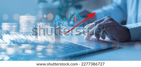  Analytics dashboard with KPI, stacks of coins with charts and graphs of stock market background, for finance Investment, business development, and the world economy in the future