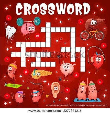Crossword grid cartoon human organ characters, quiz game. Find a word vector worksheet with kidneys, liver, stomach, bladder and lungs. Heart, tooth, pancreas, ear and brain anatomical personages